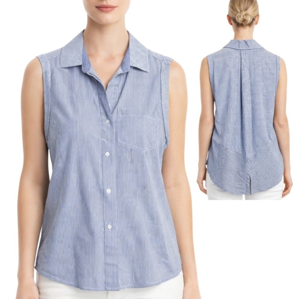 Sam Edelman Womens NWT Blue White Striped Sleeveless Button Down Shirt Size‎ Med